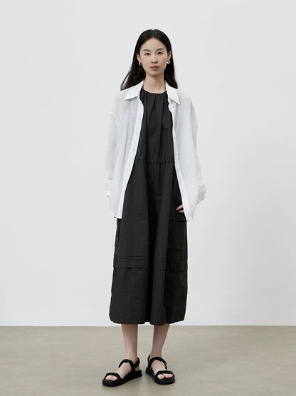 [Traveler] CAREMIND Simple dark gray green sleeveless dress tooling drawstring loose vest skirt
