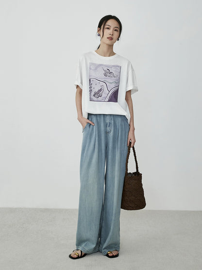 Pantalones vaqueros largos de verano de lyocell de primera calidad con pernera ancha y estrecha de CAREMIND en color azul vintage para mujer 