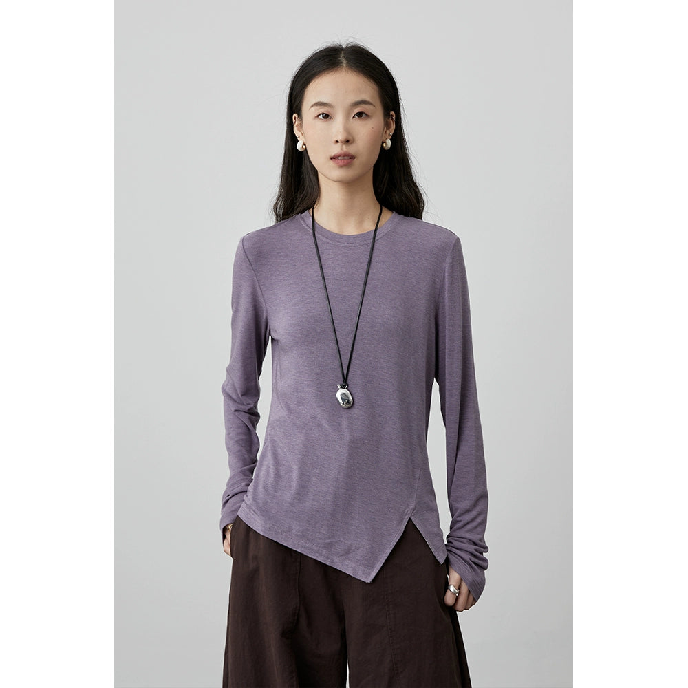[Monet Base] Camiseta básica de tencel con cuello redondo y manga larga interior con abertura en los extremos para mujer de CAREMIND 