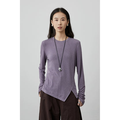 [Monet Base] Camiseta básica de tencel con cuello redondo y manga larga interior con abertura en los extremos para mujer de CAREMIND 