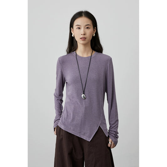 [Monet Base] Camiseta básica de tencel con cuello redondo y manga larga interior con abertura en los extremos para mujer de CAREMIND 