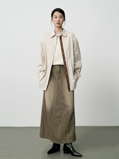 Falda vaquera antigua retro americana CAREMIND 2024, cintura alta, palabra A, falda larga de algodón con abertura 