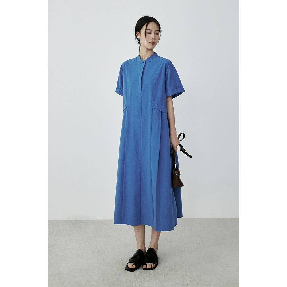 [Bruce Blue] CAREMIND Vestido de viajero diario azul Camisa de algodón puro Falda que cubre las caderas Falda ajustada media y larga 