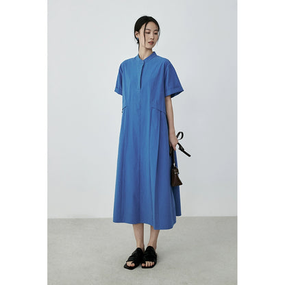 [Bruce Blue] CAREMIND Vestido de viajero diario azul Camisa de algodón puro Falda que cubre las caderas Falda ajustada media y larga 