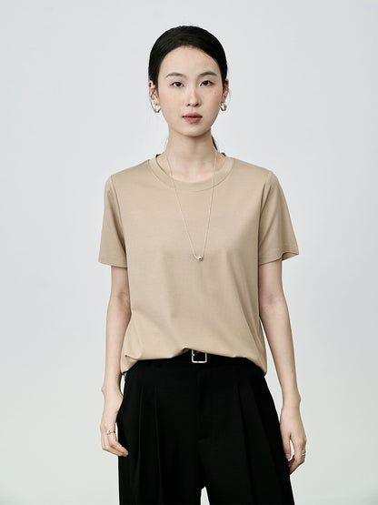 Camiseta básica clásica de cuello redondo de color liso de manga corta con hombros descubiertos para mujer de CAREMIND 