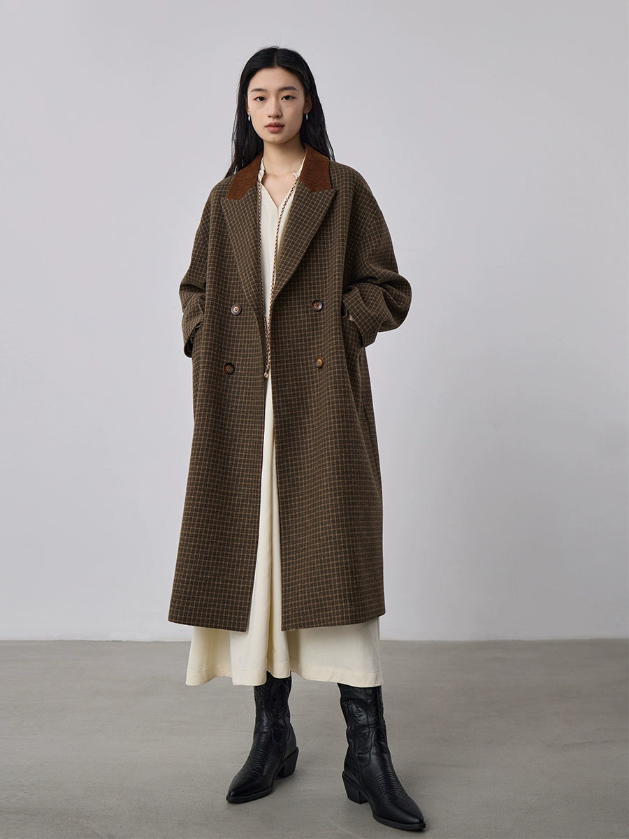 [Offre spéciale à durée limitée] Manteau long en laine à double boutonnage rétro, manteau en laine à motif de grille d'oiseau d'hiver swing