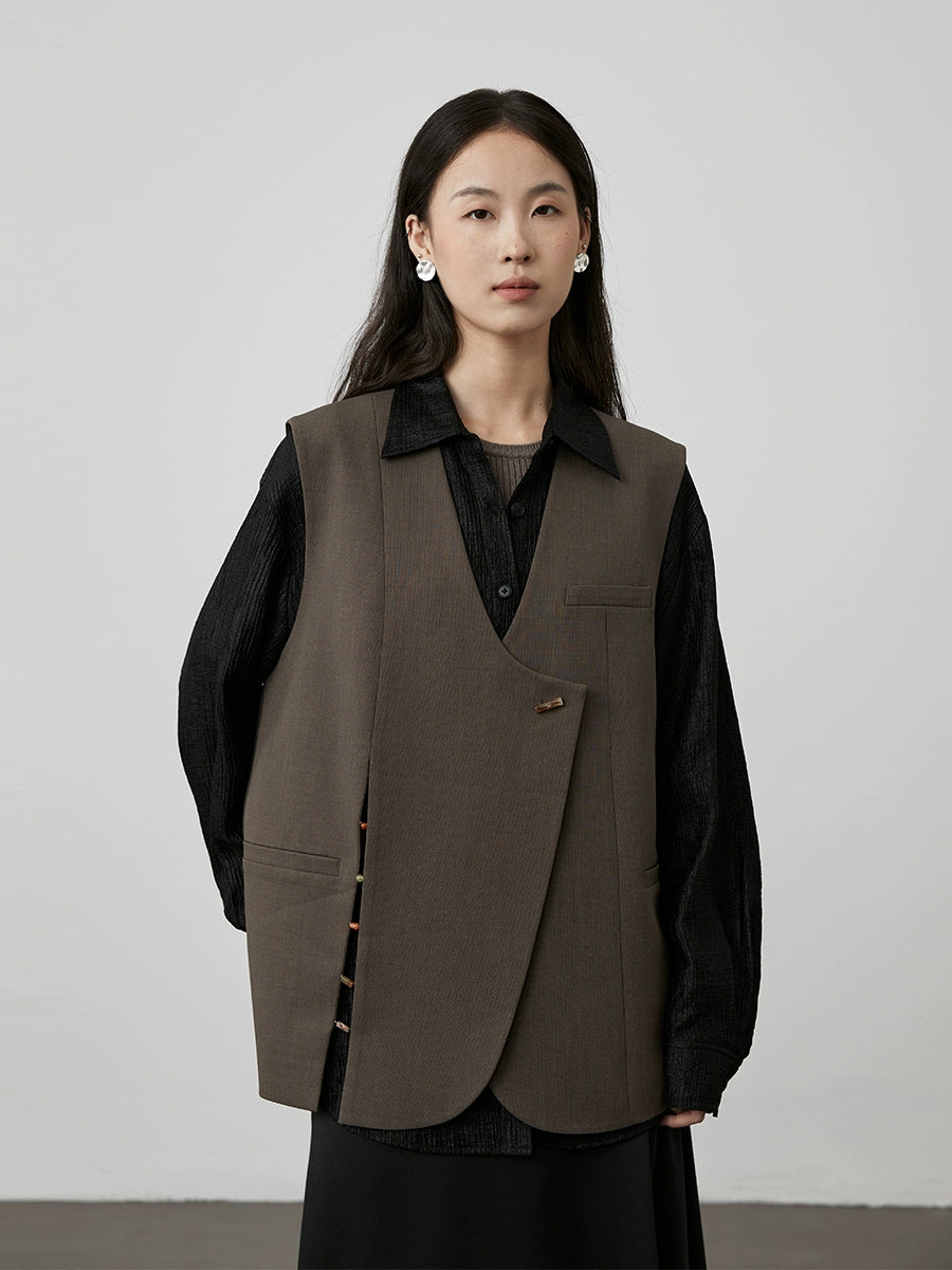 [View] CAREMIND brown silhouette stacked suit vest Chinese beaded element vest jacket