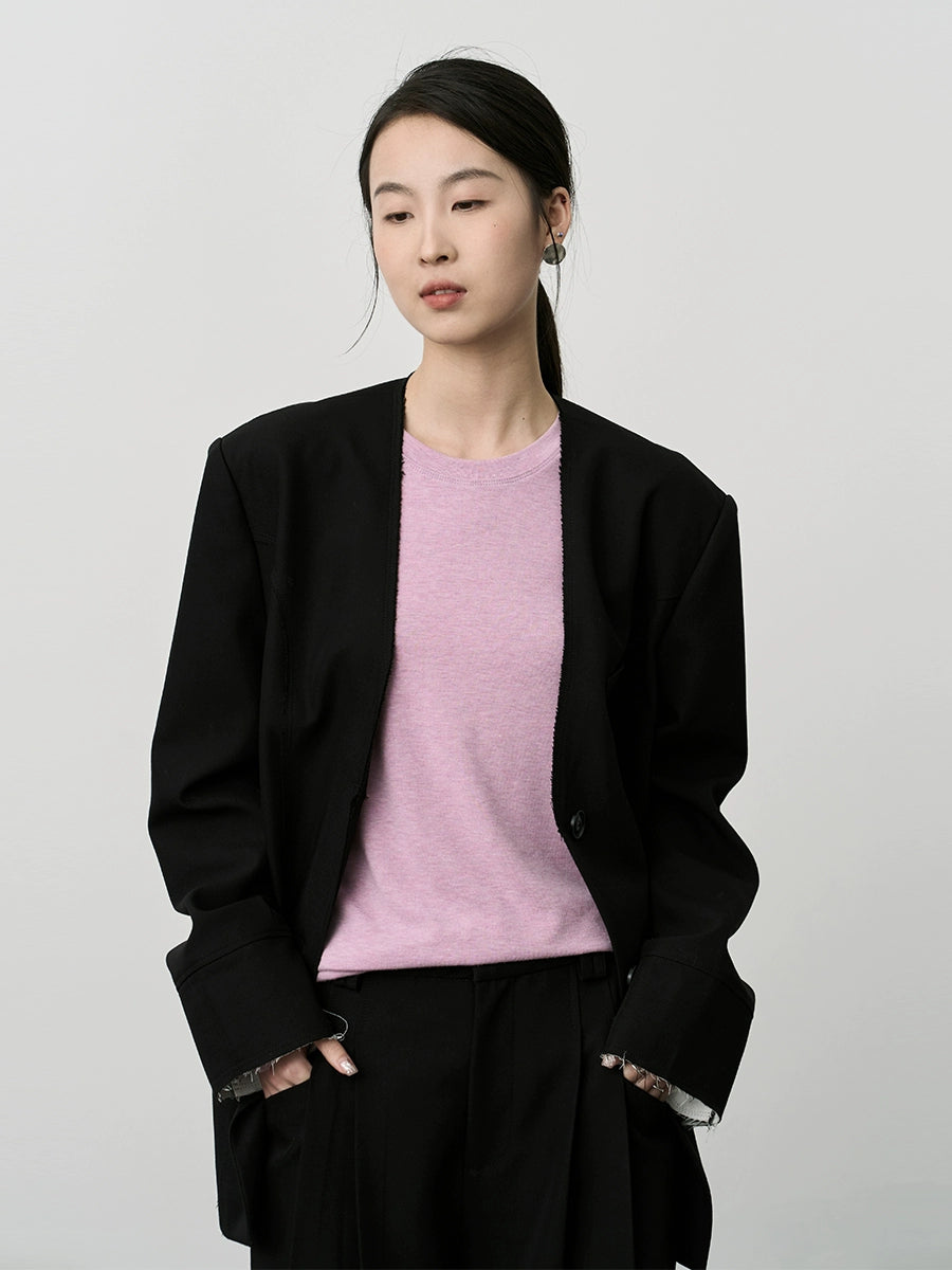 Camiseta de cuello redondo con parte inferior de color rosa suave y ceroso de CAREMIND 2024 Nueva camiseta de manga larga interior premium 