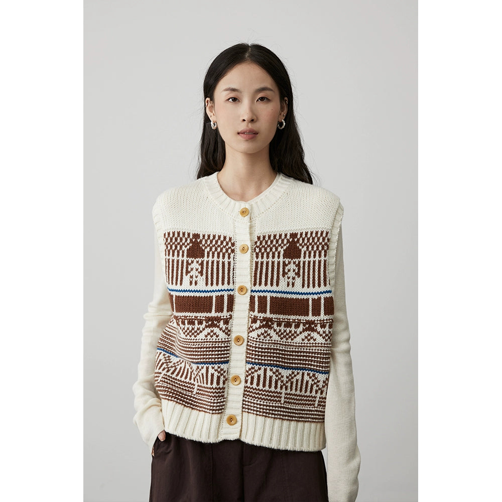 [Utopia] CAREMIND retro simple crochet vest vest button contrasting color sleeveless vest sweater autumn