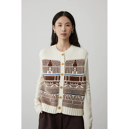 [Utopia] CAREMIND retro simple crochet vest vest button contrasting color sleeveless vest sweater autumn