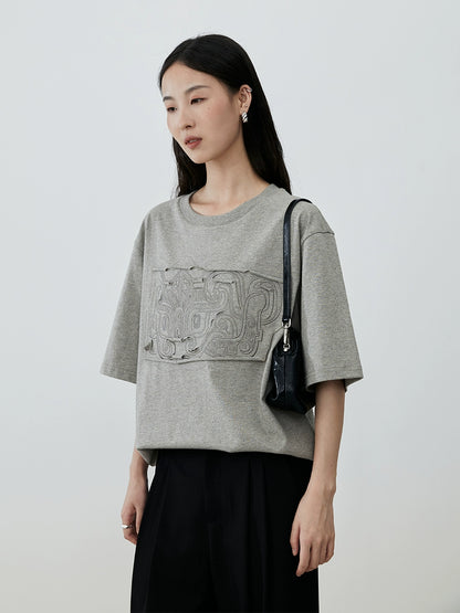 [Totem T-shirt] CAREMIND heavy industry embroidery three-dimensional gray short-sleeved casual half-sleeved salt T-shirt top