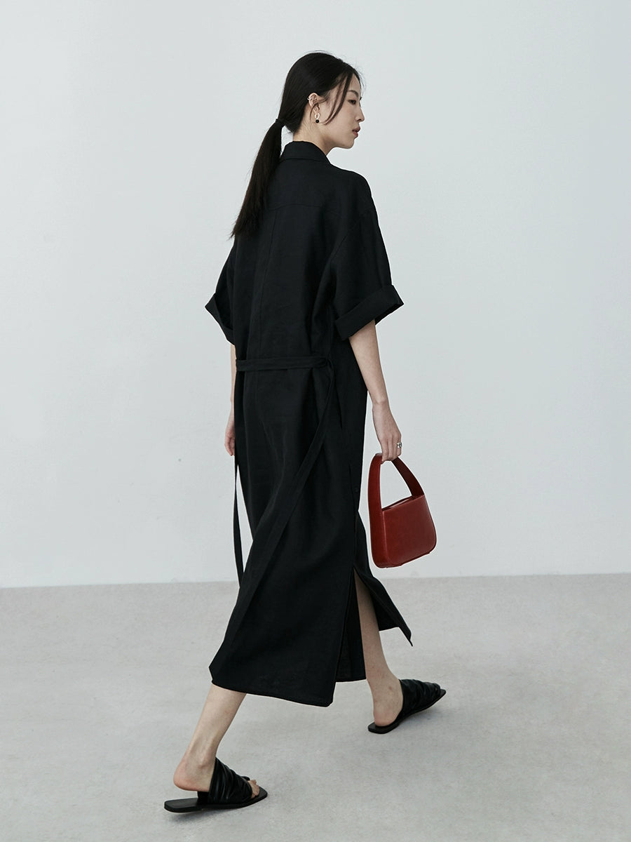 CAREMIND falda de camisa de lino minimalista negra temperamento falda larga de viajero abrigo fino top mujer 