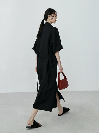 CAREMIND falda de camisa de lino minimalista negra temperamento falda larga de viajero abrigo fino top mujer 