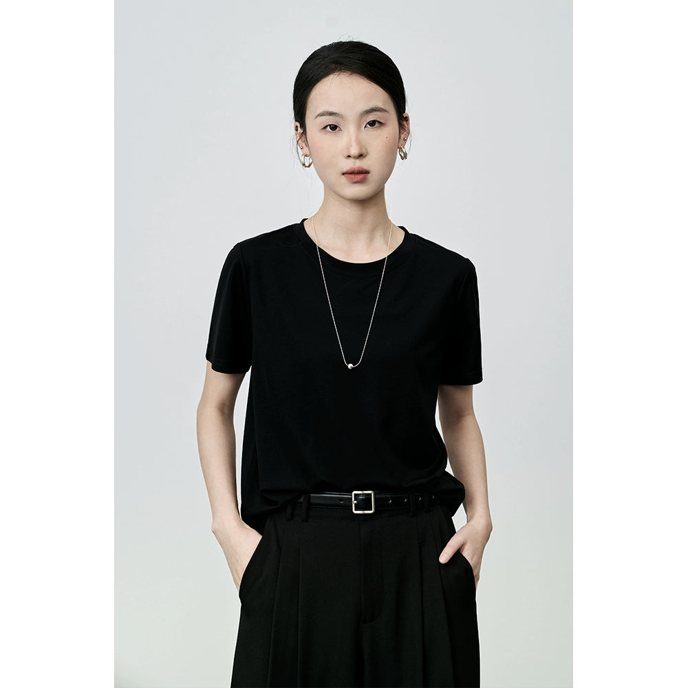 Camiseta básica clásica de cuello redondo de color liso de manga corta con hombros descubiertos para mujer de CAREMIND 