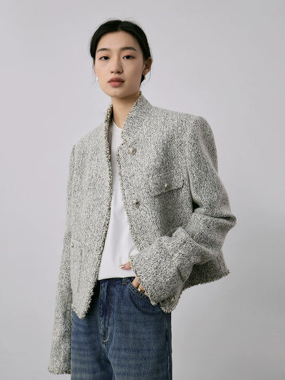 [Special price] Gray texture small fragrant coat women's short exquisite stand-up neck cardigan top autumn and winter new