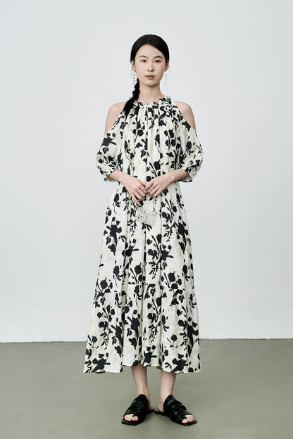 [Emergente en verano] Vestido con cuello con estampado de flores de CAREMIND Vestido de vacaciones original con hombros descubiertos para mujer 