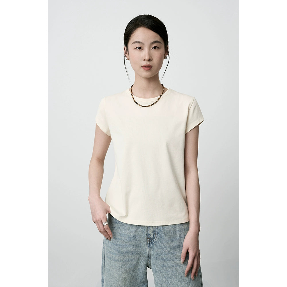 CAREMIND Camiseta de manga corta con cuello redondo, color sólido, fina y con hombros descubiertos, versión coreana, top informal holgado en el interior 