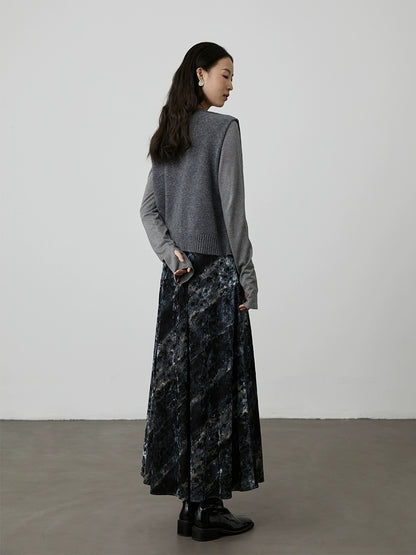 [Playa negra] Falda con textura de color contrastante de terciopelo azul niebla de CAREMIND Falda ajustada de cintura alta francesa con palabra A para mujer 