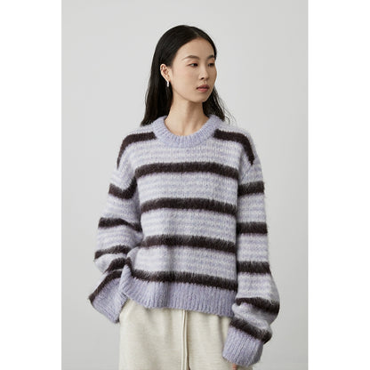 [Suéter de rayas degradadas] Suéter suave de temperamento morado de CAREMIND Top de invierno a rayas con viento relajado 