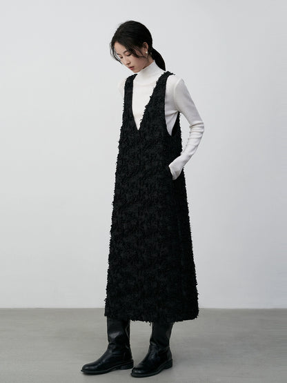 Chaleco con escote en V negro CAREMIND, falda larga, falda apilada, diseño con flecos, chaleco versátil, vestido para mujer 