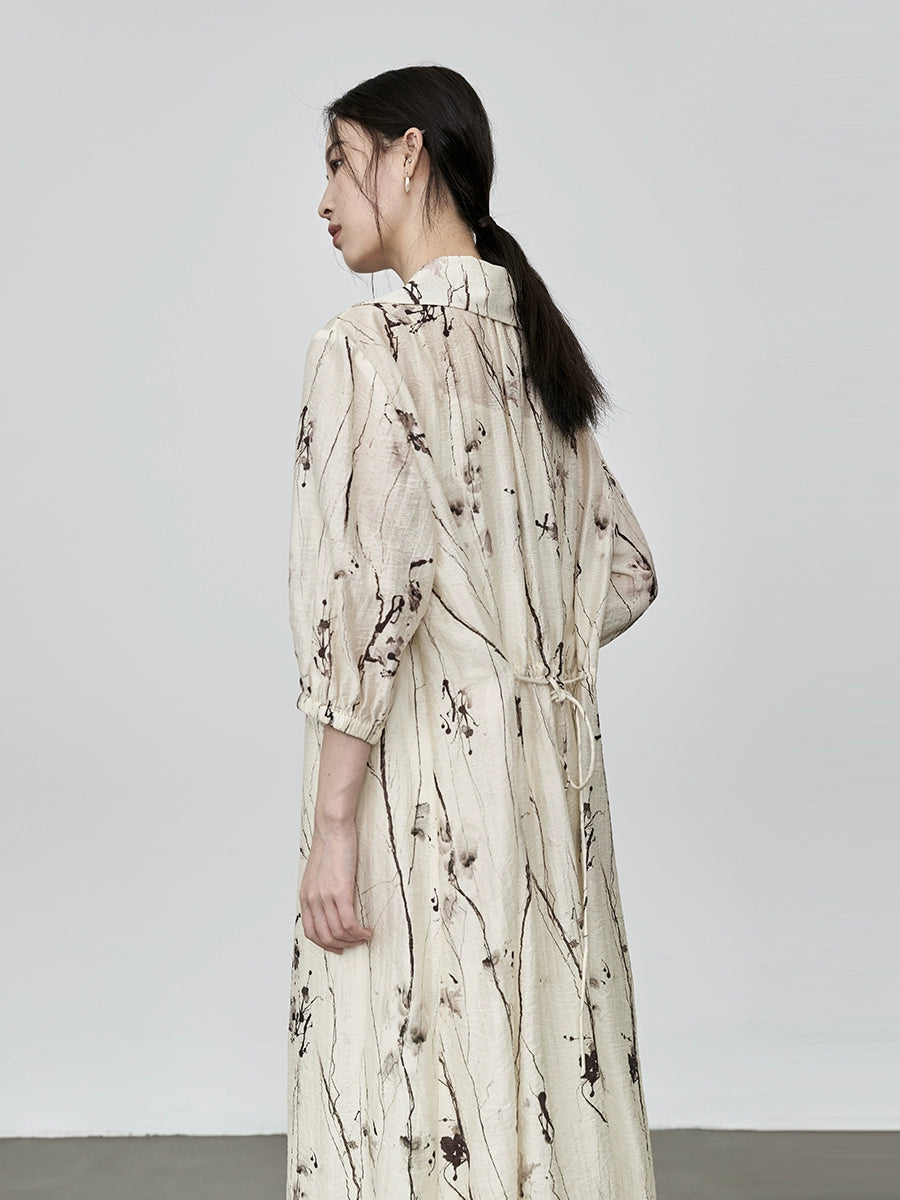 CAREMIND New Chinese ink print dress elegant temperament long dress children/with skirt lining