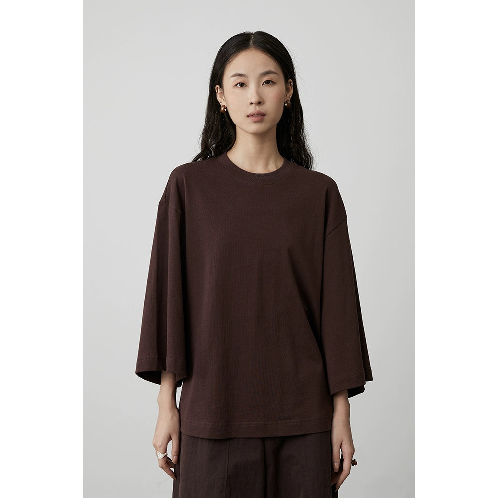 CAREMIND Camiseta de manga corta versátil, informal, de cuello redondo y cuatro colores, de manga siete cuartos, cómoda y holgada, de algodón puro, para mujer 