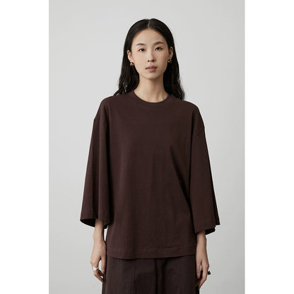 CAREMIND Camiseta de manga corta versátil, informal, de cuello redondo y cuatro colores, de manga siete cuartos, cómoda y holgada, de algodón puro, para mujer 