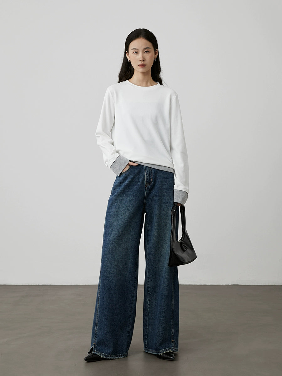 Pantalones vaqueros rectos azules lavados de principios de otoño de CAREMIND, pantalones casuales de pierna ancha, altos y delgados y versátiles 