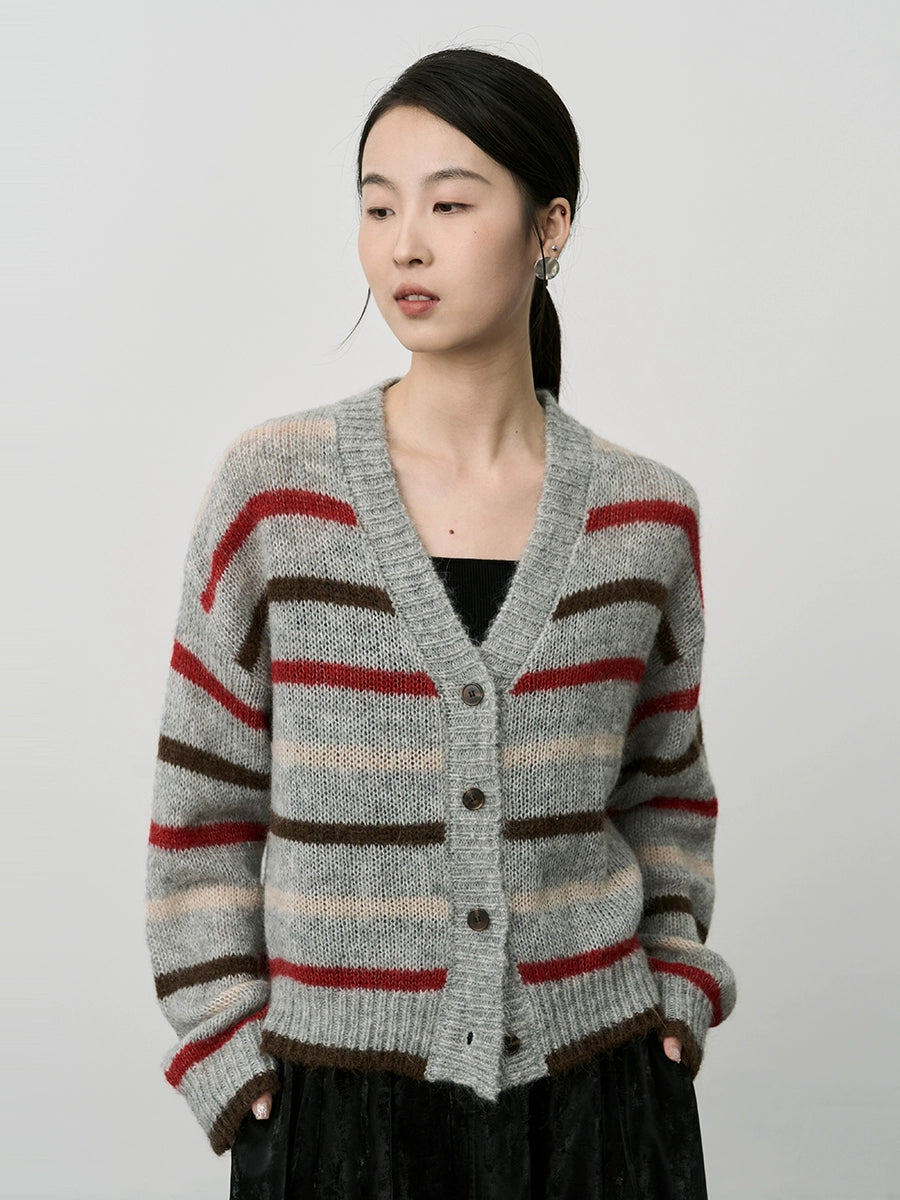 Chaqueta de punto con textura de mohair de primera calidad para mujer, cárdigan retro japonés de color contrastante de CAREMIND 