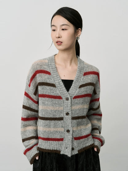 Chaqueta de punto con textura de mohair de primera calidad para mujer, cárdigan retro japonés de color contrastante de CAREMIND 