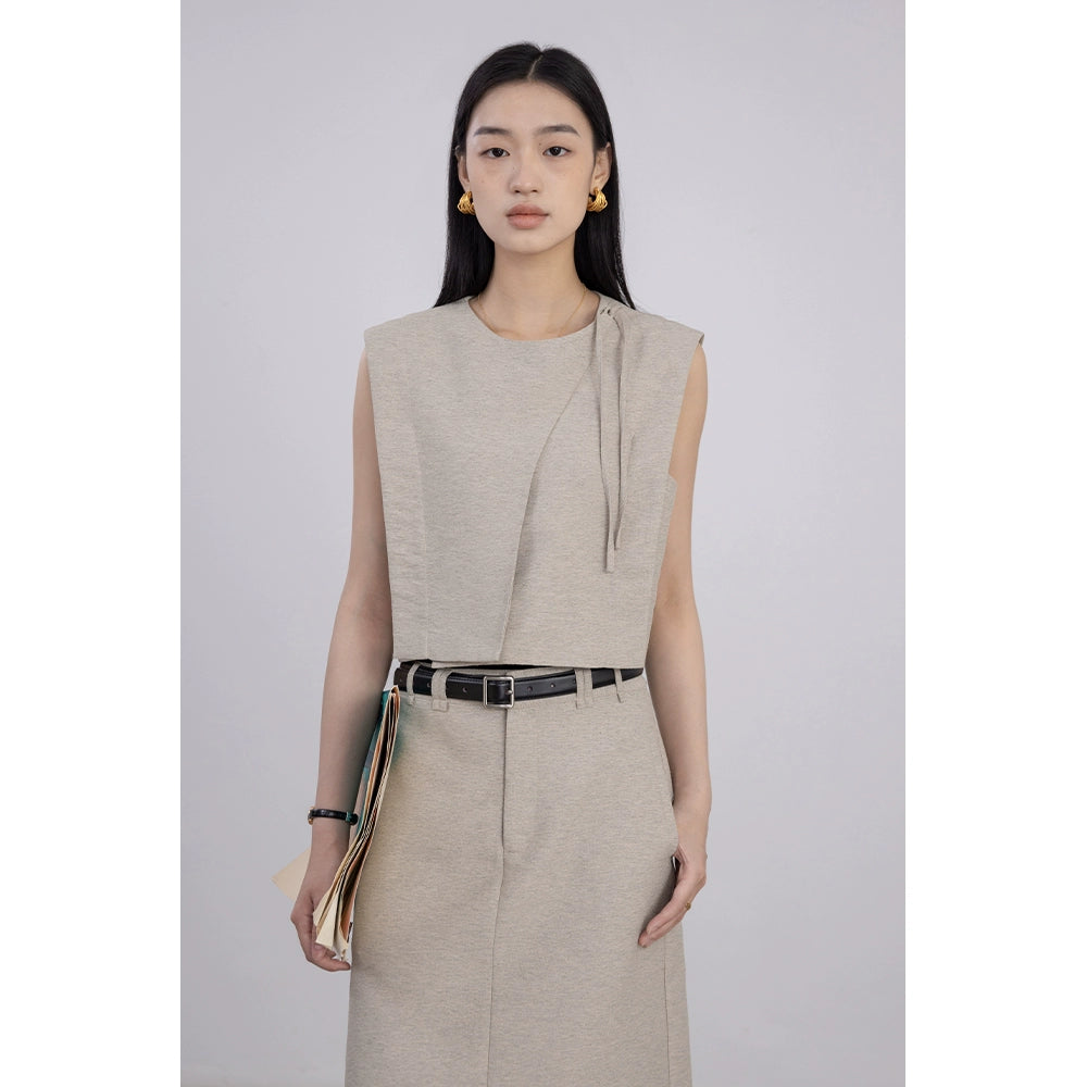 [Oferta por tiempo limitado] Conjunto de chaleco sin mangas color caqui claro + falda de cintura alta y corte en A fino 