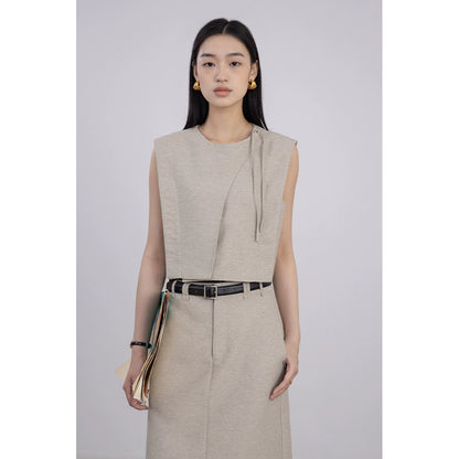[Oferta por tiempo limitado] Conjunto de chaleco sin mangas color caqui claro + falda de cintura alta y corte en A fino 