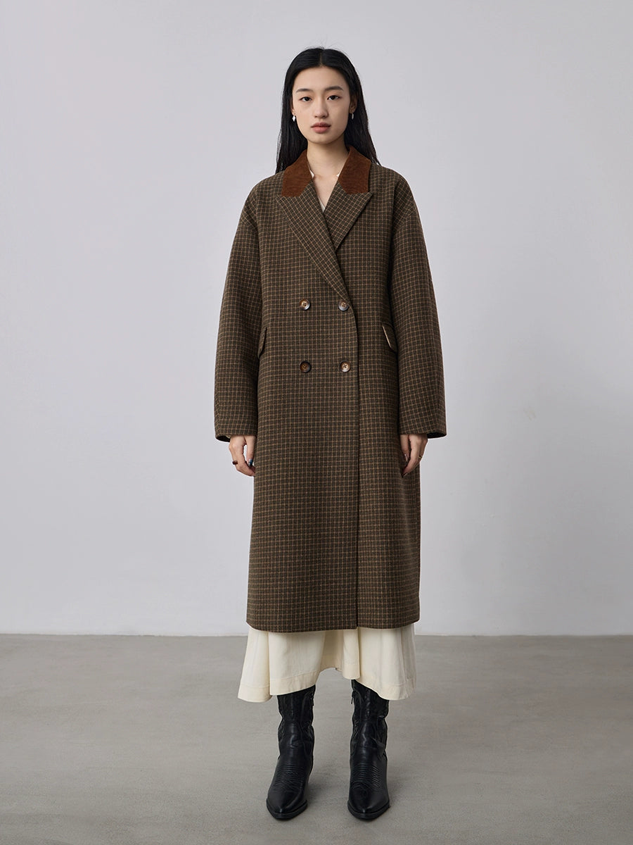 [Offre spéciale à durée limitée] Manteau long en laine à double boutonnage rétro, manteau en laine à motif de grille d'oiseau d'hiver swing