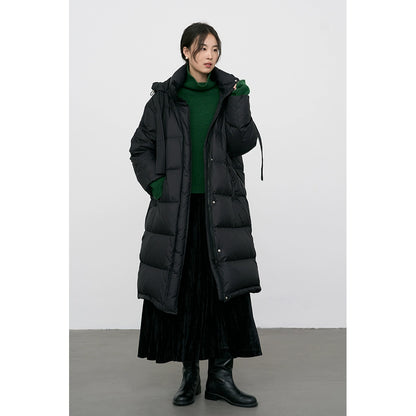 CAREMIND Chaqueta de plumón con capucha hasta la rodilla blanca para mujer, chaqueta térmica de plumón 90 % 