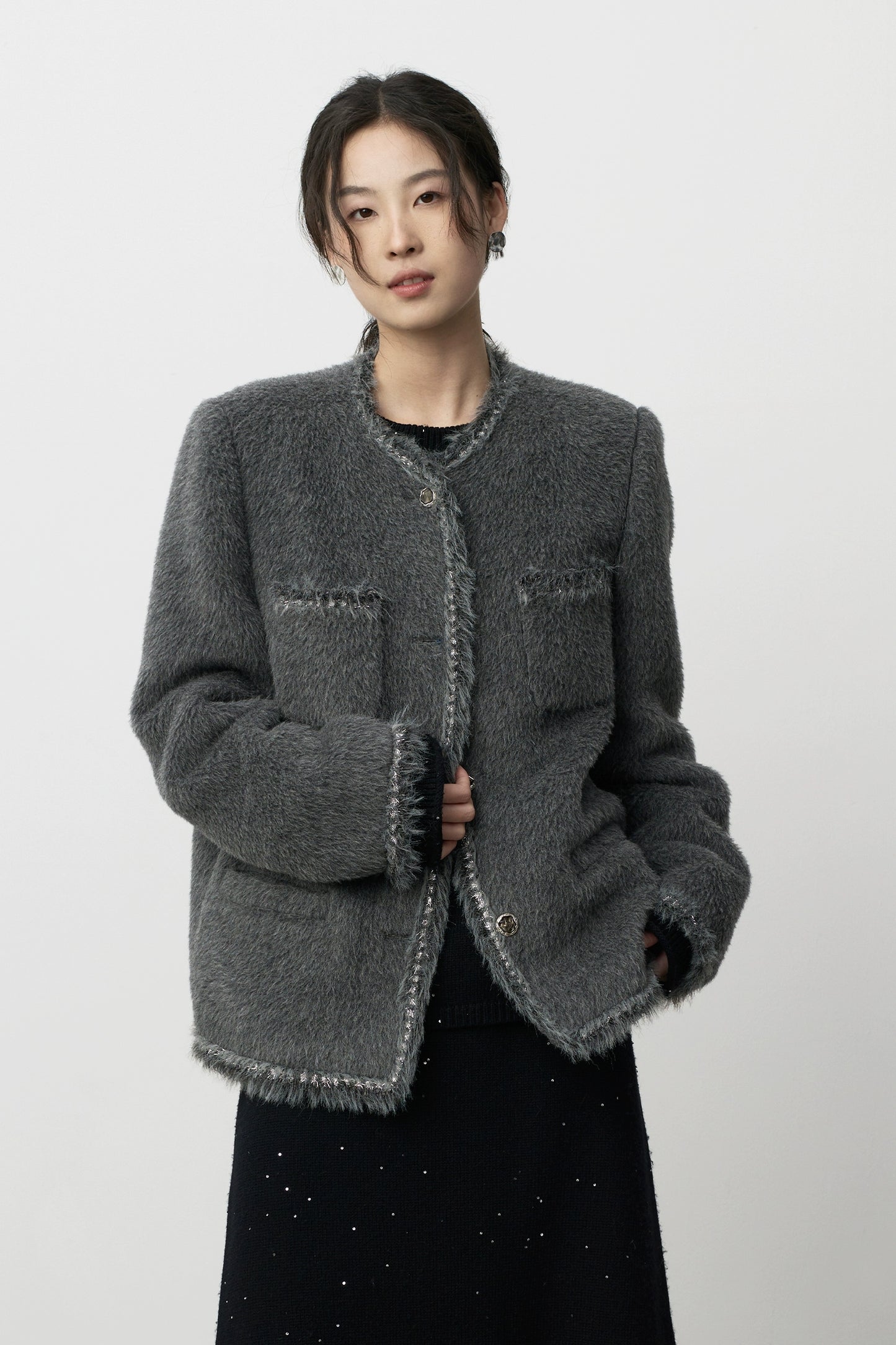 CAREMIND Suli Alpaca Light Ripe Small Fragrant Wind - Chaqueta de manga larga cálida de felpa gris con cuello redondo para mujer 