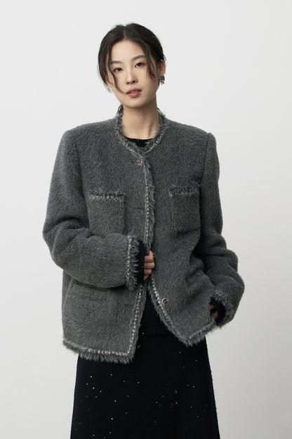 CAREMIND Suli Alpaca Light Ripe Small Fragrant Wind - Chaqueta de manga larga cálida de felpa gris con cuello redondo para mujer 