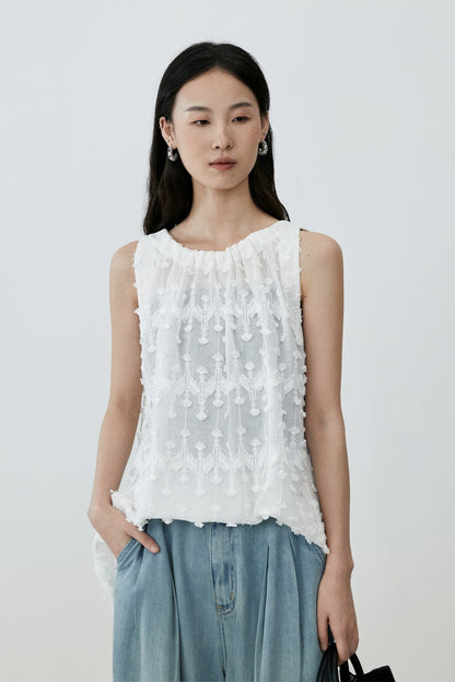 [Diente de león] CAREMIND Chic Jacquard Bordado Blanco Sin Mangas Cuello Flecos Top Mujer Nuevo 