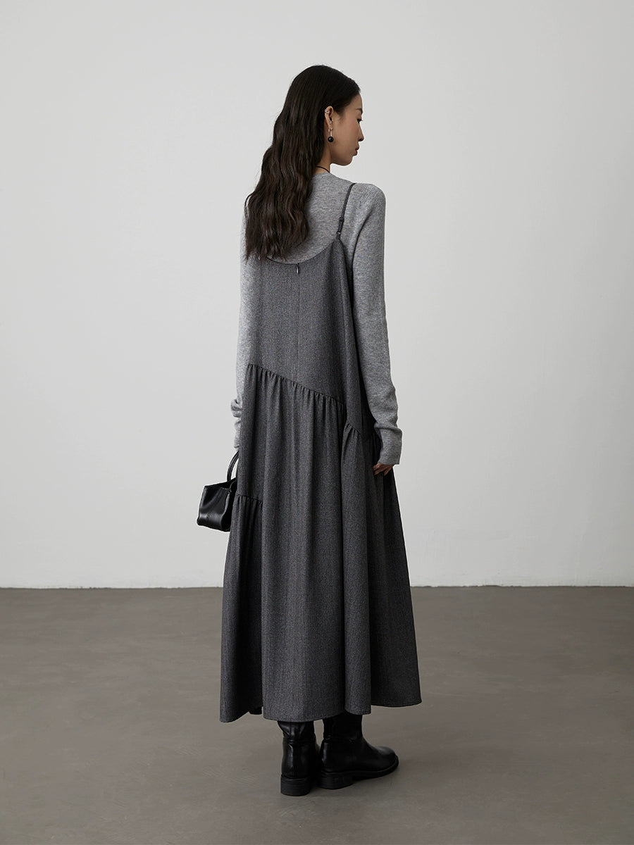 [Singing in the Rain] CAREMIND Grey V-Neck Suspender Dress Twill Irregular Sleeveless Stacked Medium and Long Dress