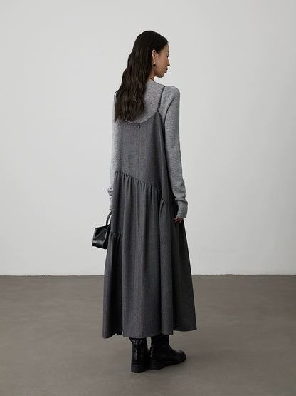 [Singing in the Rain] CAREMIND Grey V-Neck Suspender Dress Twill Irregular Sleeveless Stacked Medium and Long Dress