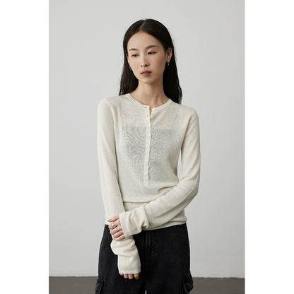 Suéter de punto con cuello Henry de sentido literario y retro de CAREMIND, suéter de lana elástico alto y delgado para mujer con camiseta de manga larga en el interior 