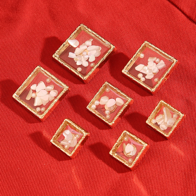 3487★ Botón de concha cuadrada de metal para ropa, chaqueta, niña bonita, botones decorativos de alta gama, abrigo, cárdigan, suéter, botón de traje