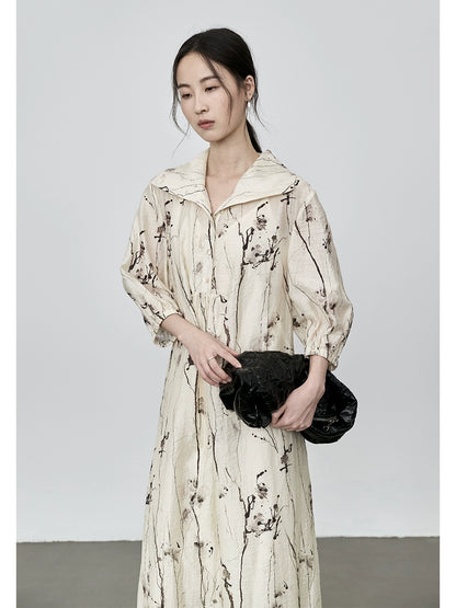 CAREMIND New Chinese ink print dress elegant temperament long dress children/with skirt lining