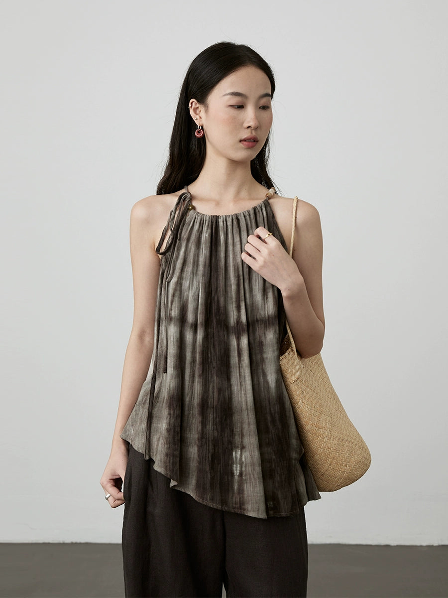 [Sombra de musgo] Chaleco tipo tirantes con manchas de tinta negra y gris de CAREMIND, top irregular sin mangas de lino para vacaciones para mujer 