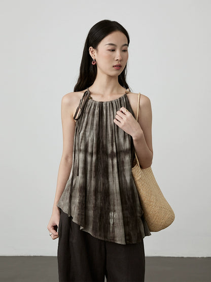 [Sombra de musgo] Chaleco tipo tirantes con manchas de tinta negra y gris de CAREMIND, top irregular sin mangas de lino para vacaciones para mujer 
