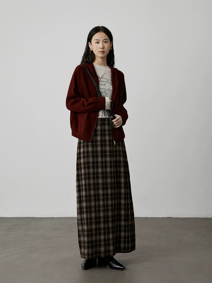 [Latte caliente] Falda ajustada a cuadros color café con temperamento retro de CAREMIND, falda dividida en forma de A con cintura elástica 
