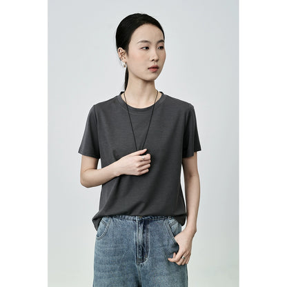 Camiseta básica clásica de cuello redondo de color liso de manga corta con hombros descubiertos para mujer de CAREMIND 