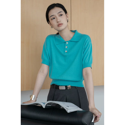[Oferta por tiempo limitado] Camiseta de manga corta de punto con solapa tipo polo de color liso y temperamento sencillo 