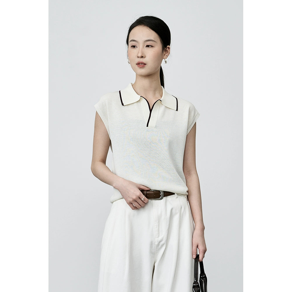 CAREMIND Chaleco tipo polo intelectual de color blanco albaricoque, chaleco elegante con temperamento, suéter de punto con solapa para mujer 