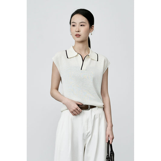 CAREMIND Chaleco tipo polo intelectual de color blanco albaricoque, chaleco elegante con temperamento, suéter de punto con solapa para mujer 