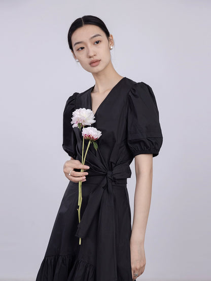 [Oferta especial por tiempo limitado] Conjunto de vestido de verano estilo Hepburn con top con mangas abullonadas y falda tipo paraguas con tirantes en la cintura 